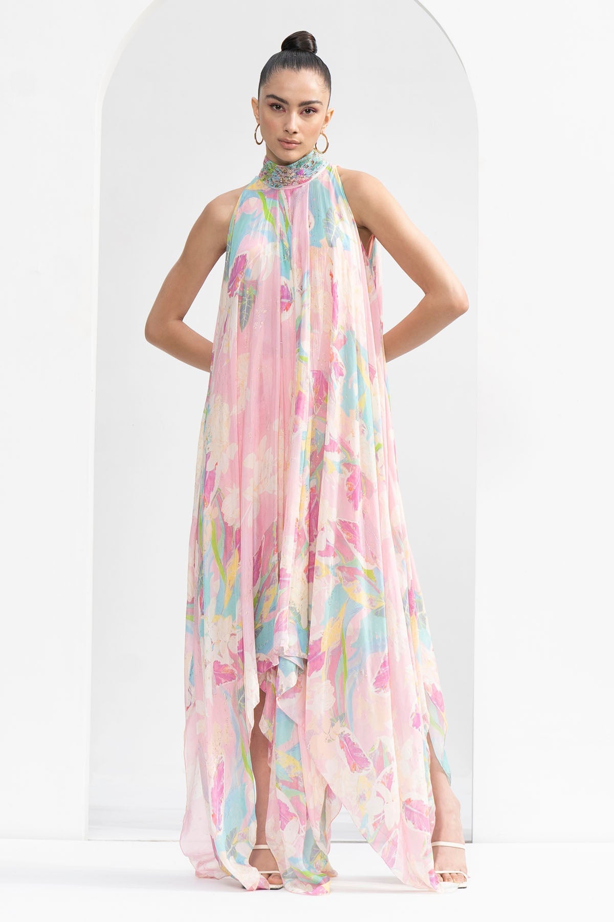 Buy Tropical Printed High Low Gown by Mandira Wirk